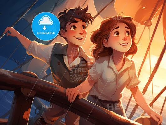 Cartoon Of A Boy And Girl On A Ship