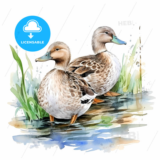 Watercolor Of Two Ducks Standing In Water