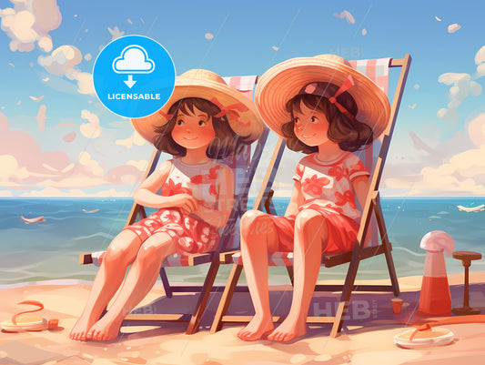 Cartoon Girls Sitting In Chairs On A Beach