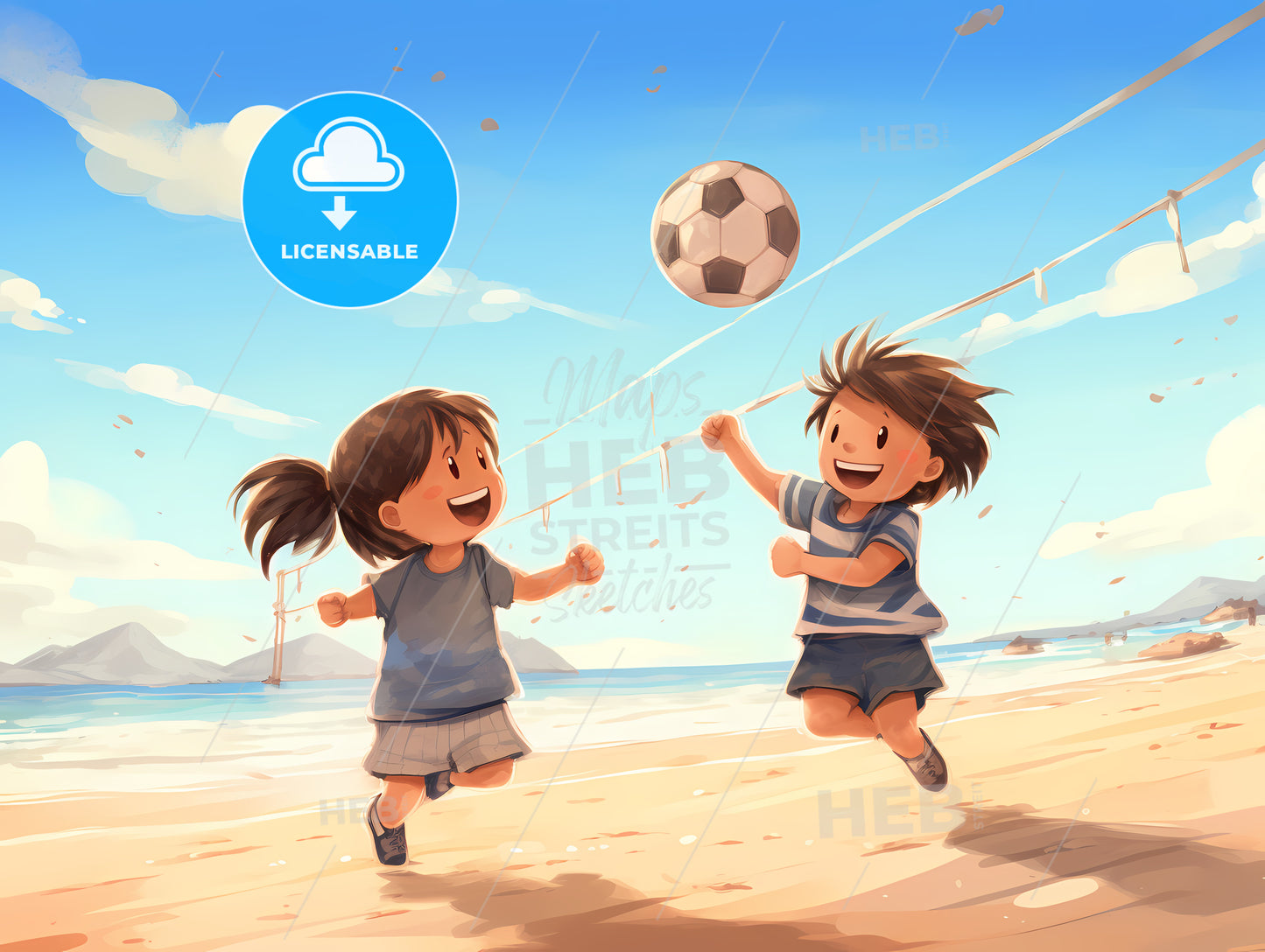Cartoon Of Kids Playing With A Ball On A Beach