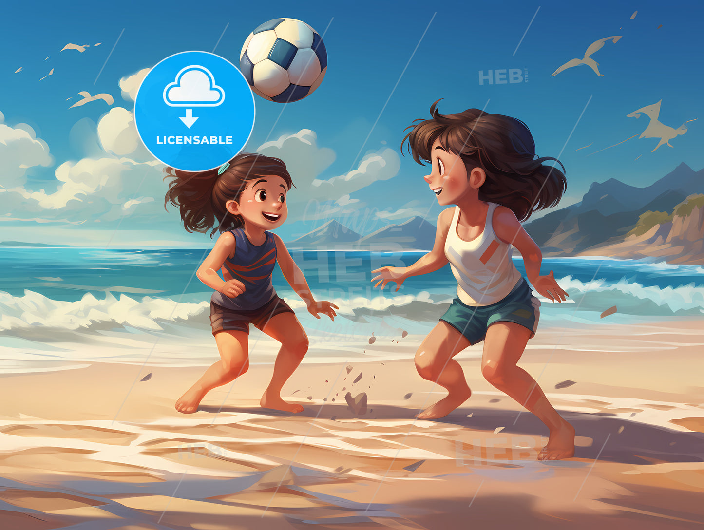 Cartoon Of Two Girls Playing With A Football Ball On A Beach