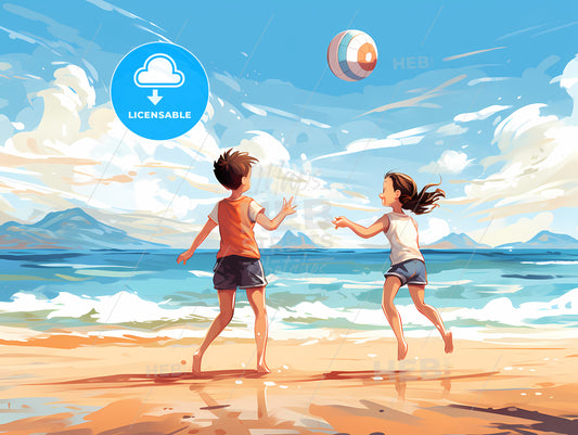 Boy And Girl Playing With A Ball On A Beach