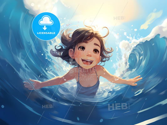 Cartoon Of A Girl Swimming In A Wave