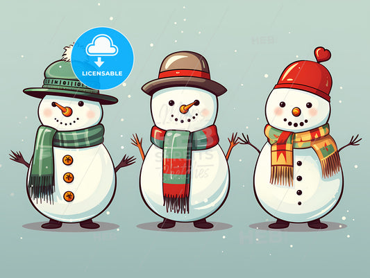 Group Of Snowmen Wearing Hats And Scarves