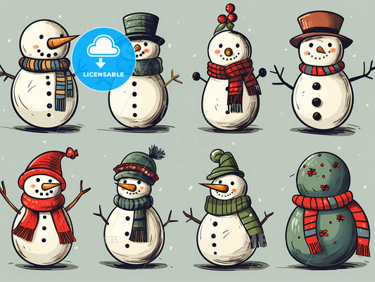 Group Of Snowmen With Different Outfits