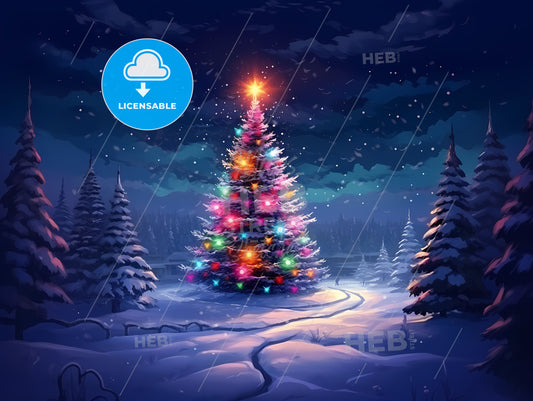 Christmas Tree With Lights In The Snow