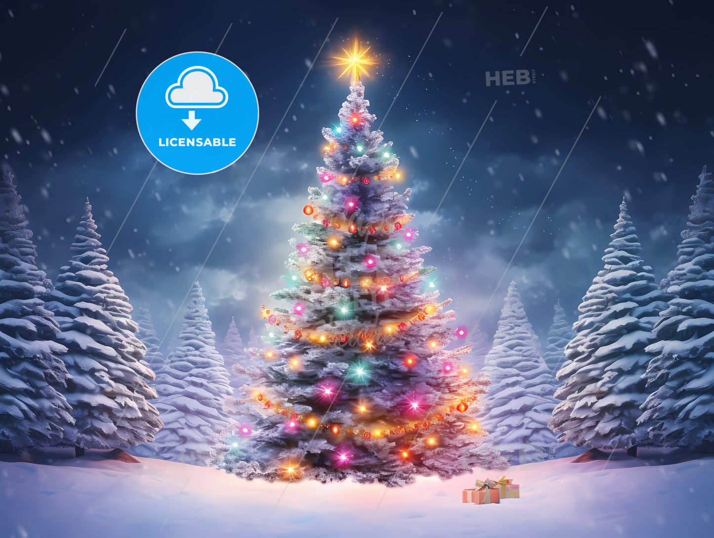 Christmas Tree With Lights And Presents In The Snow