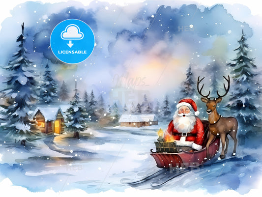 Watercolor Of Santa Claus In A Sleigh With A Deer In The Snow