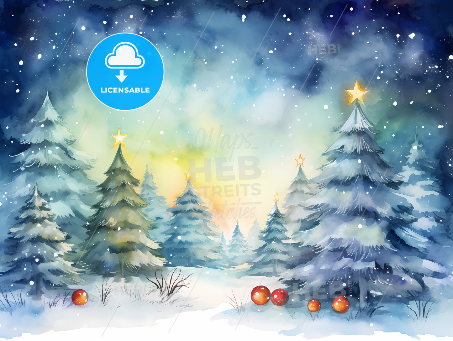 Watercolor Painting Of A Snowy Forest With Trees And Stars