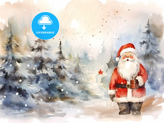 Watercolor Of A Santa Claus In A Snowy Forest