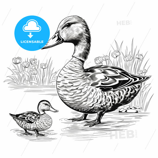 Black And White Drawing Of A Duck And A Duckling
