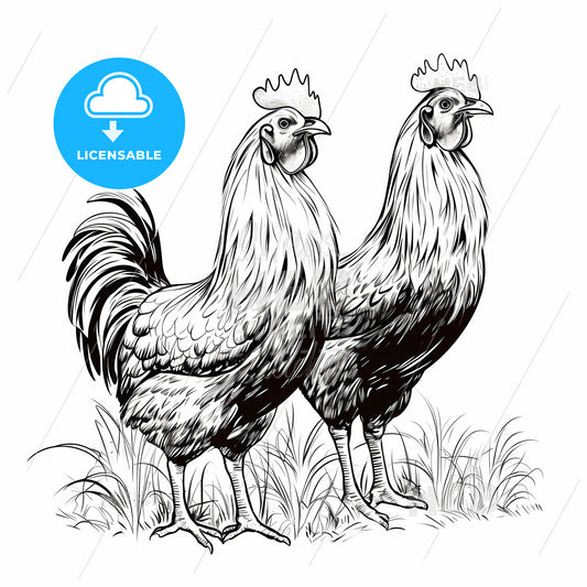 Black And White Drawing Of Two Roosters