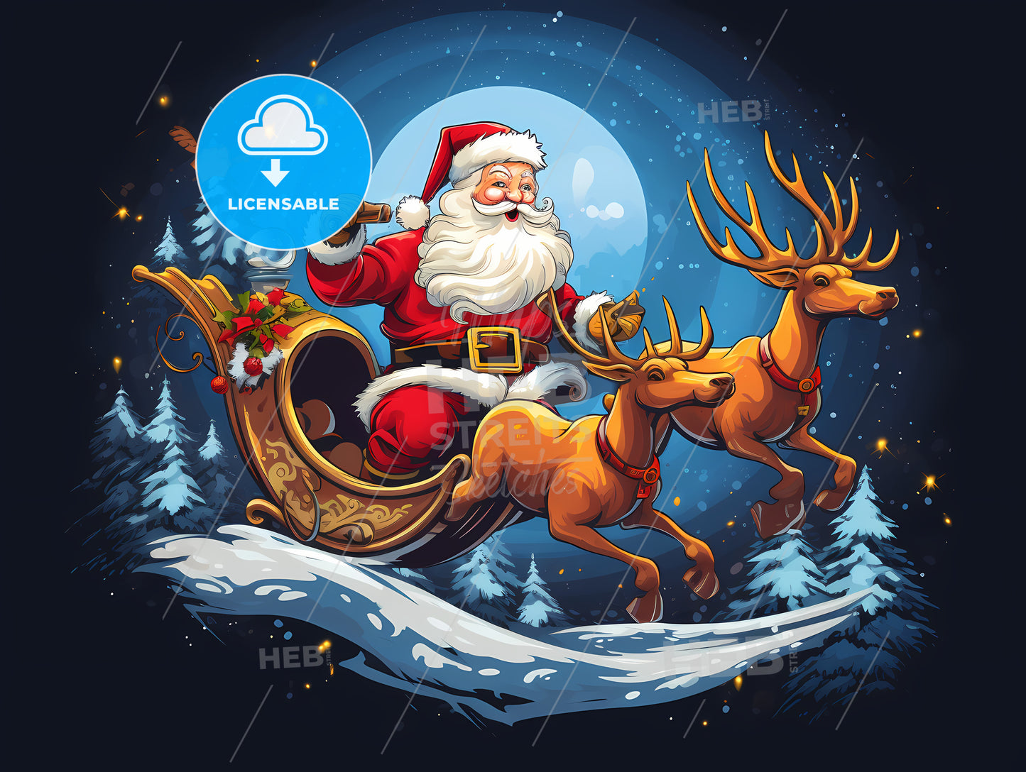 Cartoon Of Santa Claus Riding A Sleigh With Reindeer