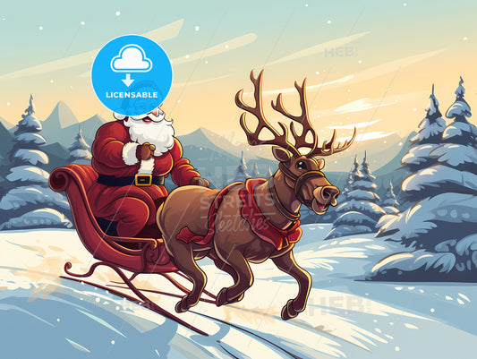 Cartoon Of Santa Claus Riding A Reindeer Sleigh
