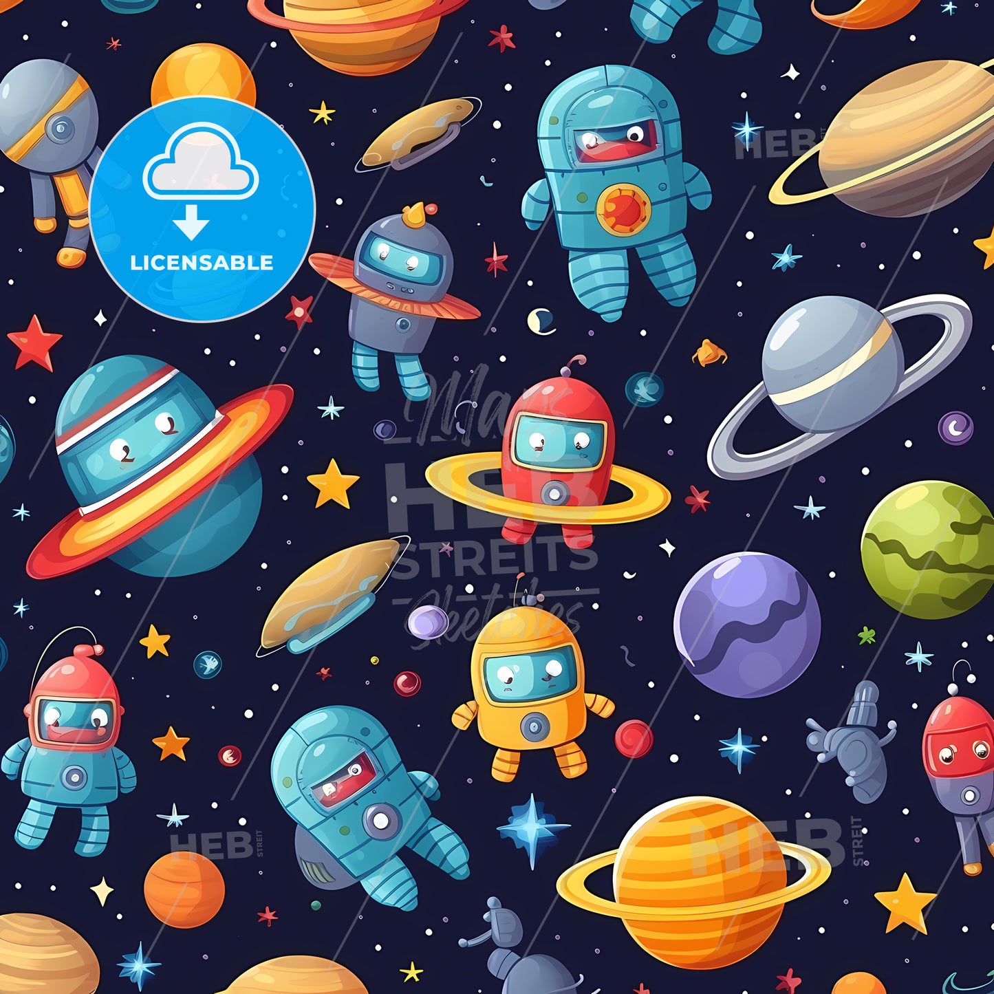 Seamless Pattern Of Cartoon Robots And Planets
