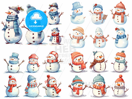 Collection Of Snowmen Wearing Hats And Scarves