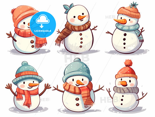 Collection Of Snowmen Wearing Hats And Scarves