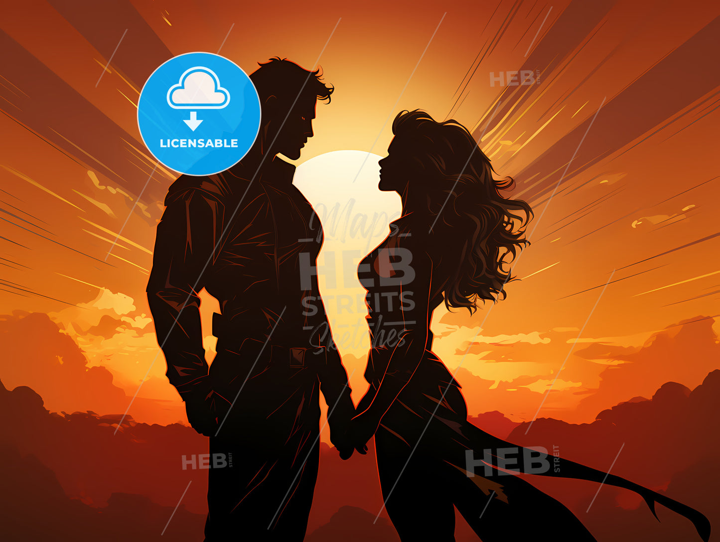 Man And Woman Holding Hands In Front Of A Sunset