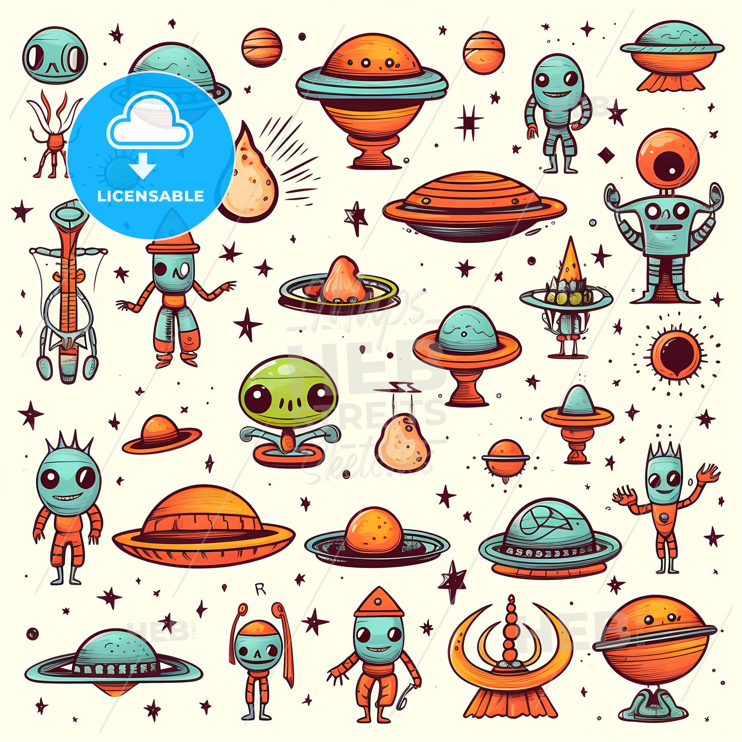 Collection Of Cartoon Robots And Planets