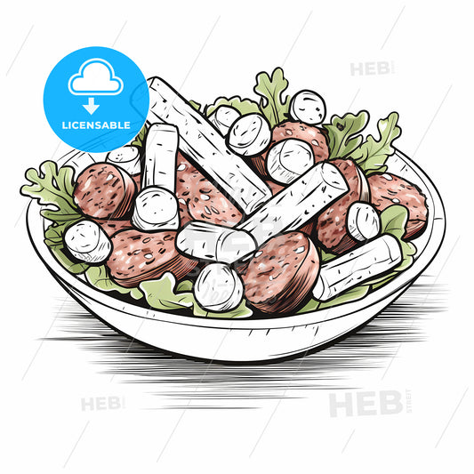 Bowl Of Food With Sausage And Cheese Sticks