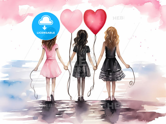 Watercolor Of Girls Holding Hands And Holding Balloons