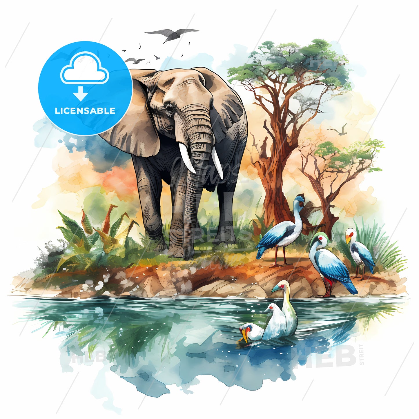 An Elephant And Birds In Water