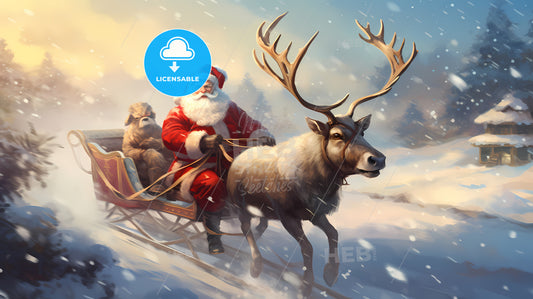 Painting Of A Santa Claus Riding A Sleigh With Reindeer