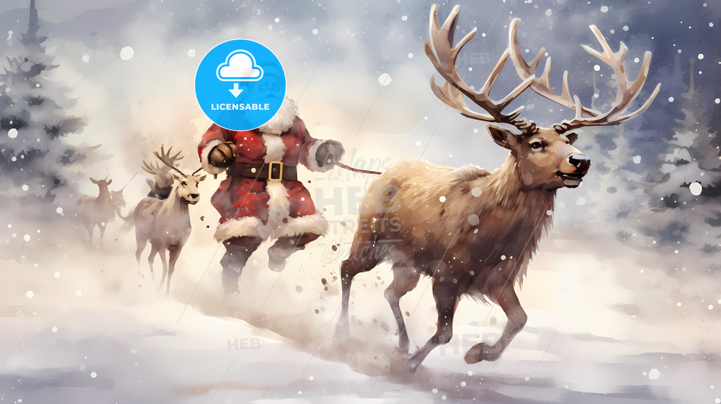 Painting Of A Santa Claus Running With A Reindeer