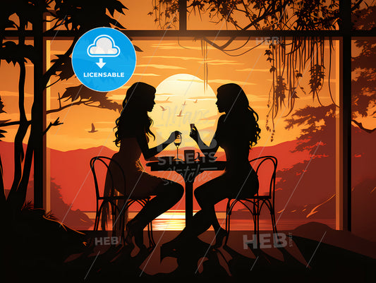 Silhouette Of Women Sitting At A Table With Drinks
