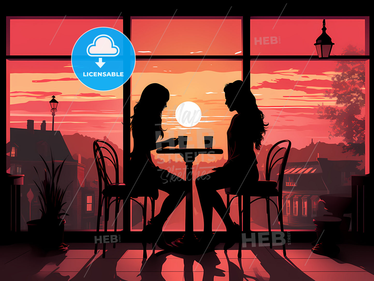 Silhouette Of Women Sitting At A Table With A Sunset Behind Them