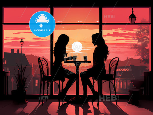 Silhouette Of Women Sitting At A Table With A Sunset Behind Them