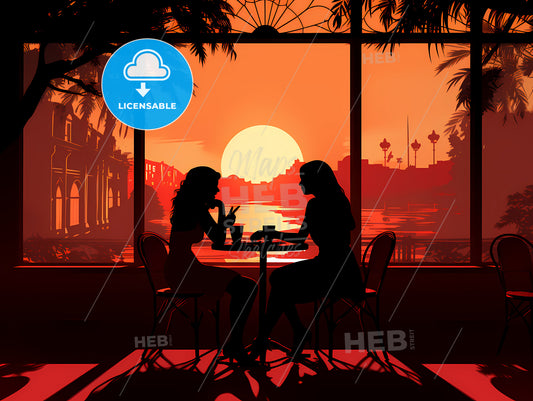 Silhouette Of Two Women Sitting At A Table With A Sunset In The Background