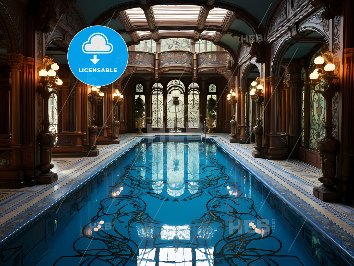 Indoor Swimming Pool With Ornate Walls And Arched Windows