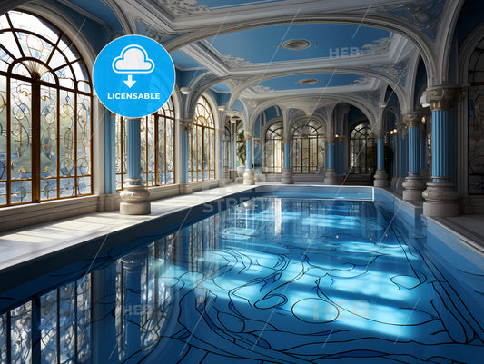 Indoor Pool With A Large Ceiling And Windows With Hearst Castle In The Background
