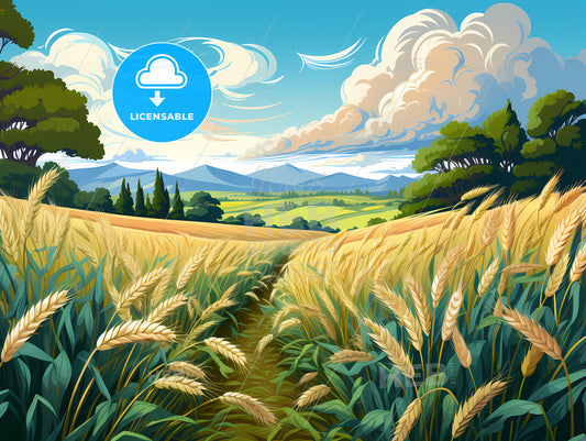 Field Of Wheat With Trees And Mountains In The Background