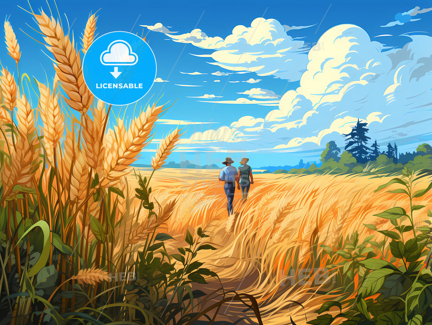 Two People Walking Through A Wheat Field