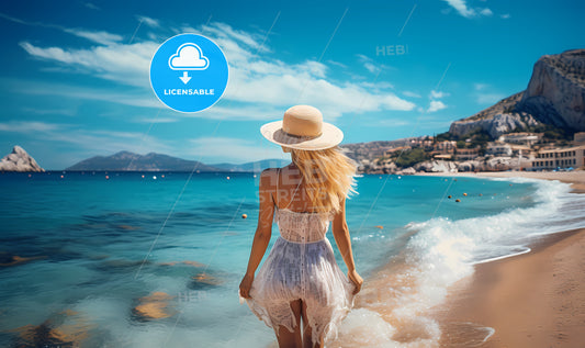 Woman In A White Dress And Hat Walking On A Beach