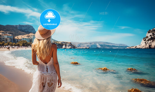 Woman In A White Dress And Hat Walking On A Beach