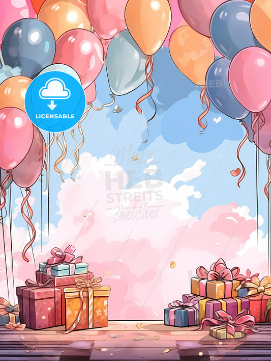 Group Of Presents And Balloons