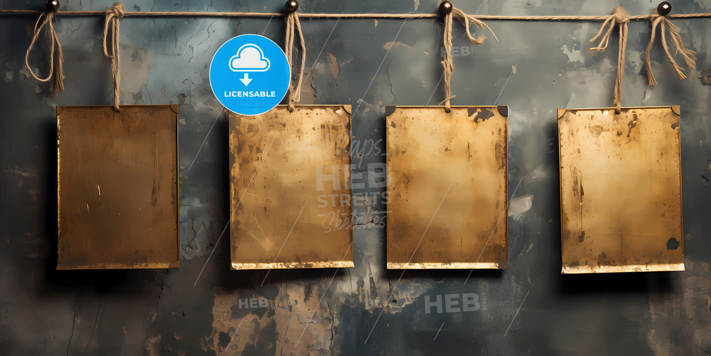 Two Gold Rectangular Signs On A String