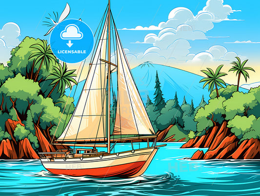 Cartoon Of A Sailboat On A River