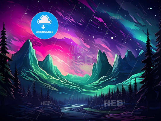 Colorful Sky With Stars And Mountains