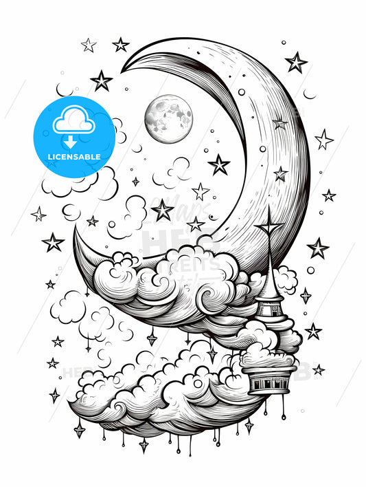 Moon With Clouds And Stars