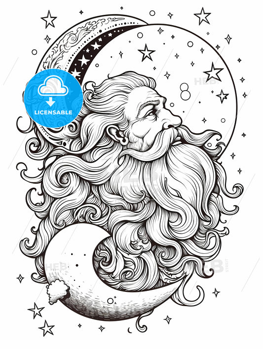 Drawing Of A Man With A Beard And A Crescent Moon