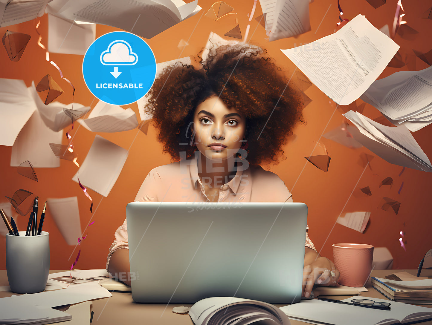 Woman Sitting At A Desk With A Laptop And Flying Papers