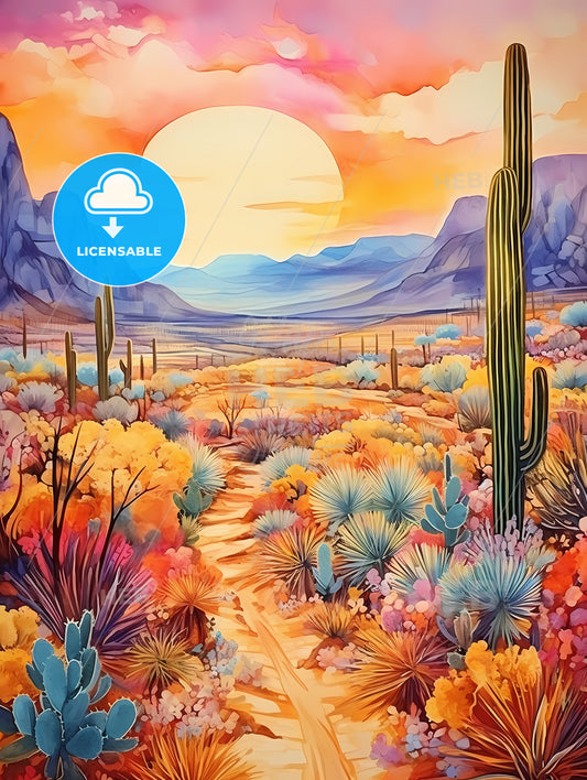 Painting Of A Desert Landscape With Cactus And Mountains