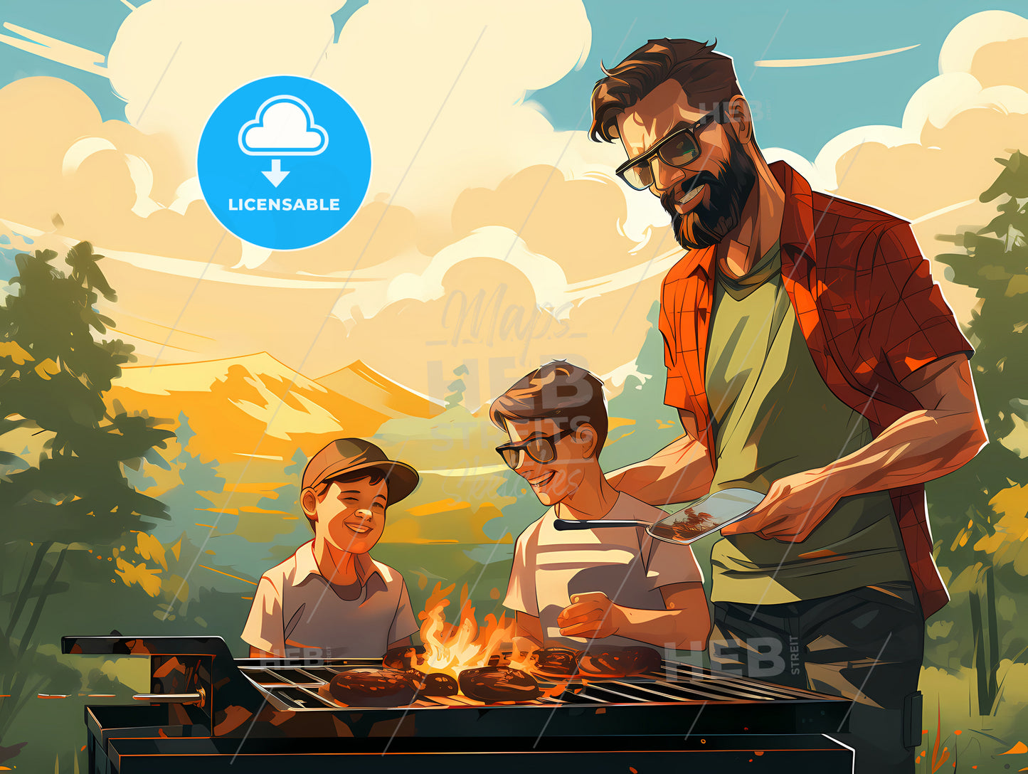 Man And Two Boys Grilling Meat