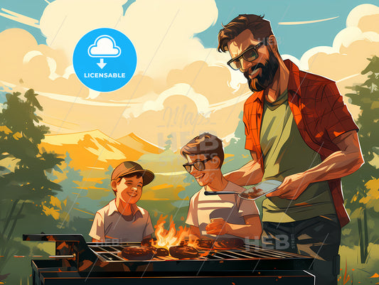 Man And Two Boys Grilling Meat