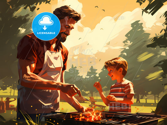 Man And Boy Cooking On A Grill