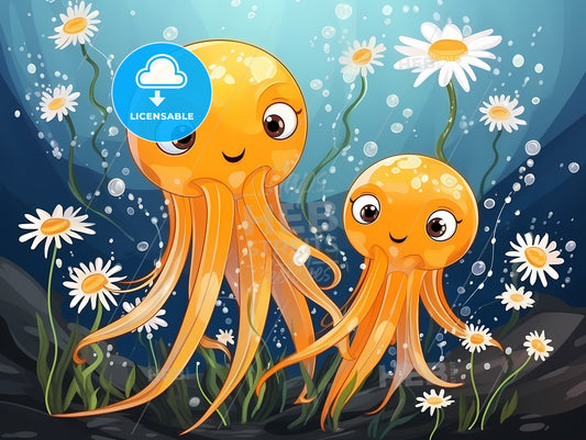 Cartoon Of Two Orange Octopuses In Water With Flowers